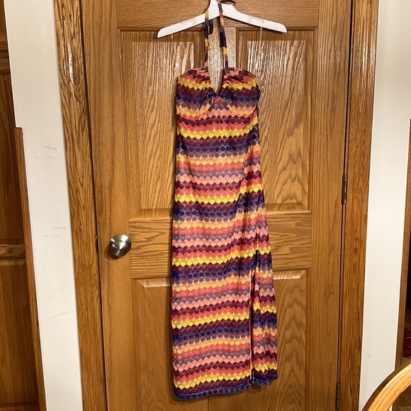 Wild fable Multicolored Crocheted fully lined halter slip midi dress corset back - Picture 3 of 9